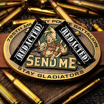 Oval brass belt buckle for the 795th Military Police Battalion featuring a gladiator graphic surrounded by ammunition cartridges.
