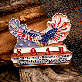 Custom shaped challenge coin featuring an eagle with American flag wings and Warriors SOAR text.