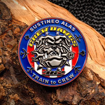 Sustineo Alas 362 Crew Dawgs military challenge coin with a bulldog biting a wrench against a red, white, and blue background.