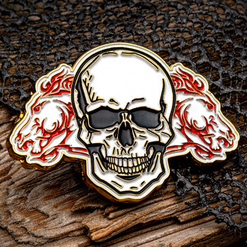 Skull and twin red wolves enamel lapel pin with gold metal trim