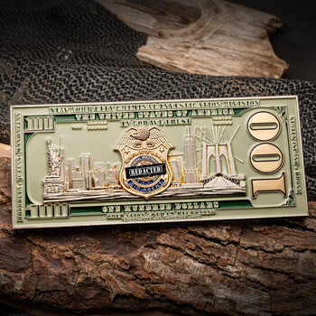 Rectangular 100 dollar bill challenge coin for New York City Criminal Investigation Division featuring the NYC skyline and Brooklyn Bridge.